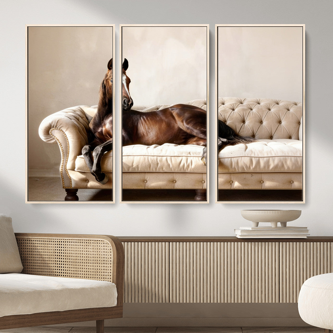 17716841-MGV-CV-36X24 - Funny Horse on Sofa Canvas Wall Art, Quirky Horse Lounging Photo Print, Whimsical Animal Decor, Living Room Conversation Art, Horse Lover Gift