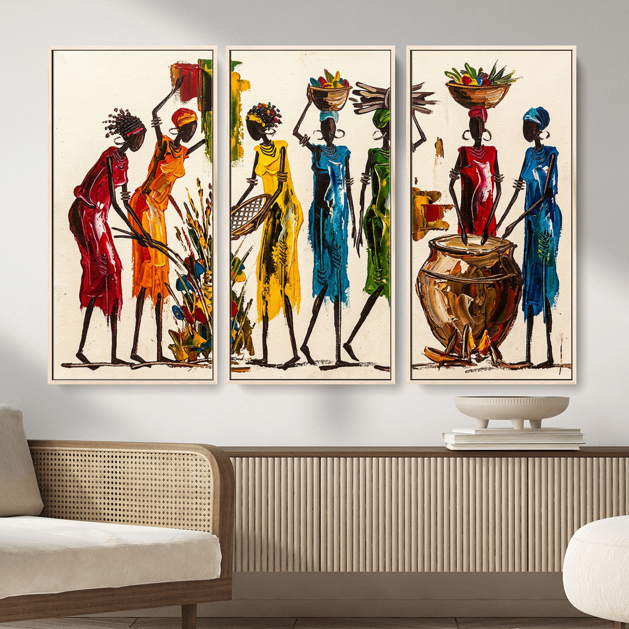 83463154-MGV-CV-36X24 - African Folk Art Canvas Wall Art, Colorful African Women Village Painting Print, Tribal Ethnic Home Decor, Vibrant African Art, Living Room