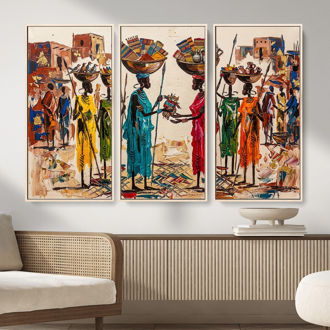 54818657-MGV-CV-36X24 - African Folk Art Canvas Wall Art, Colorful African Women Village Painting Print, Tribal Ethnic Home Decor, Vibrant African Art, Living Room