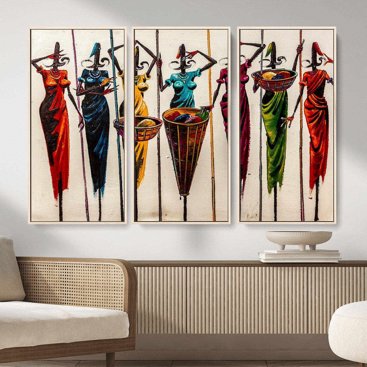 53545627-MGV-CV-36X24 - African Folk Art Canvas Wall Art, Colorful African Women Village Painting Print, Tribal Ethnic Home Decor, Vibrant African Art, Living Room