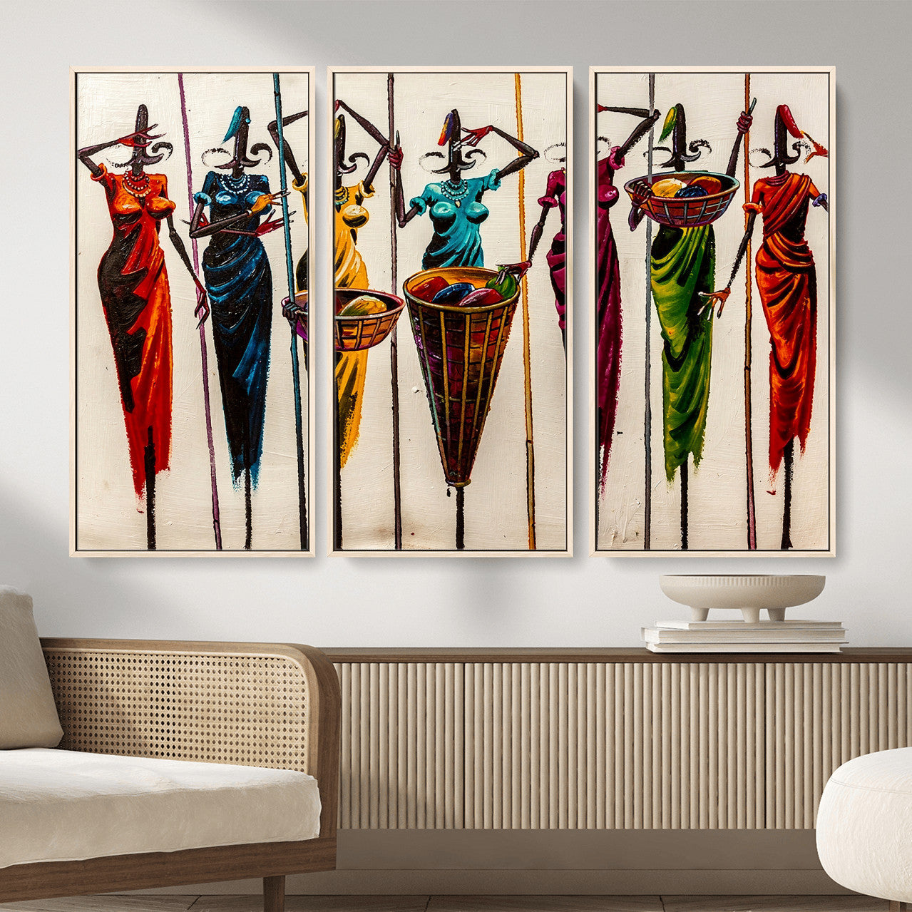 53545627-MGV-CV-36X24 - African Folk Art Canvas Wall Art, Colorful African Women Village Painting Print, Tribal Ethnic Home Decor, Vibrant African Art, Living Room