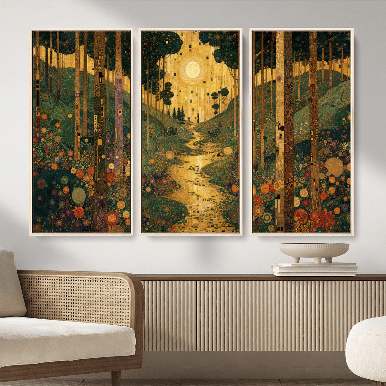 79483321GS-MGV-CV-48X32-3P - Gustav Klimt Style Forest Canvas Wall Art, Golden Forest Path Floral Art Nouveau Print, Enchanted Woodland Decor