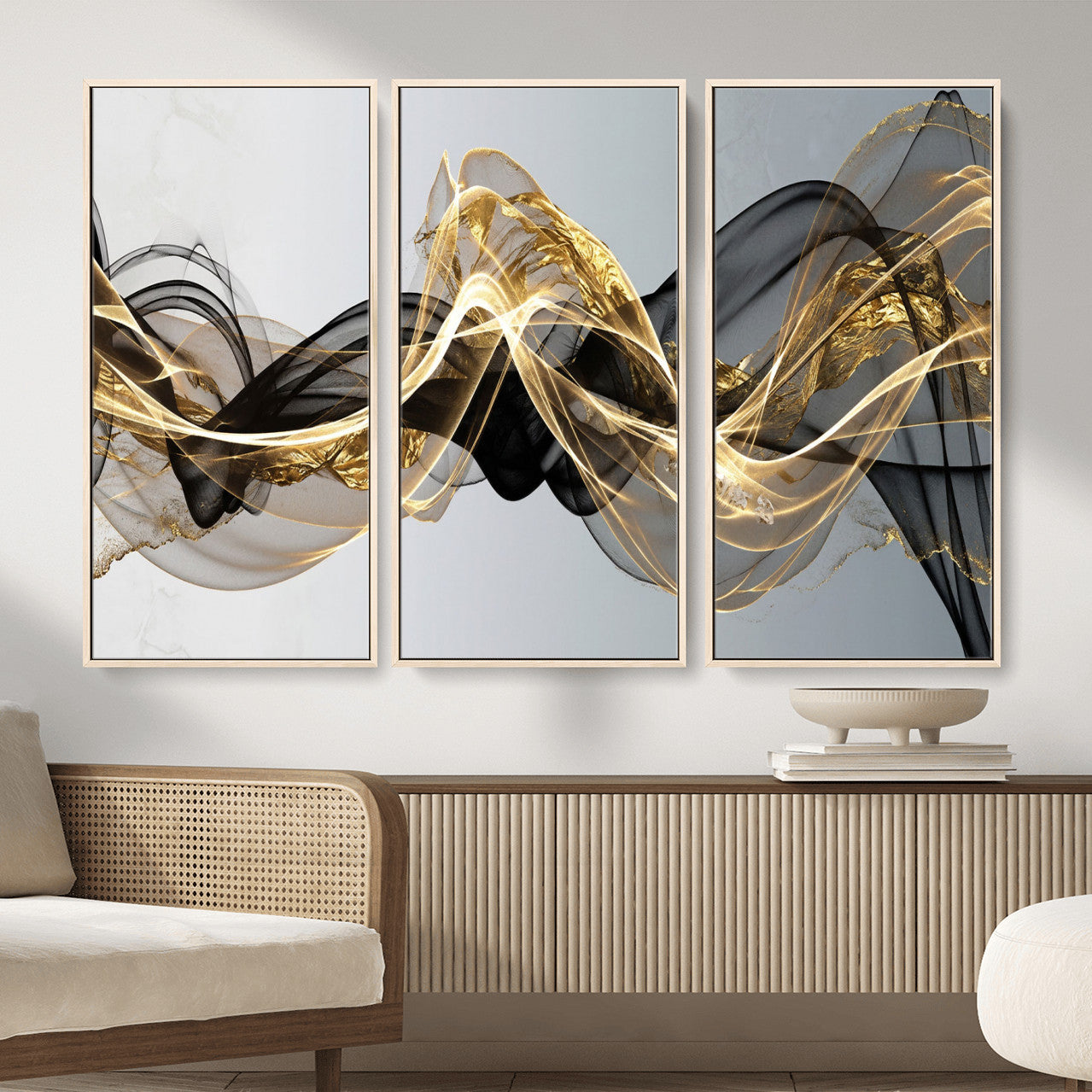 79483321DL-MGV-CV-36X24 - Black and Gold Abstract Wall Art, Modern Wave Canvas Print, Elegant Flowing Smoke Art, Luxury Living Room Decor
