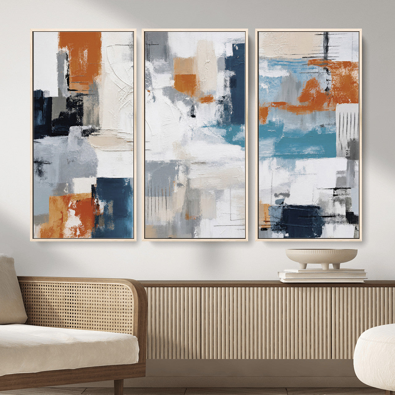 44950303-MGV-CV-36X24 - Blue Teal Abstract Canvas Wall Art, Modern Textured Painting Print, Navy Orange White Contemporary Art, Neutral Living Room Decor, Office Art