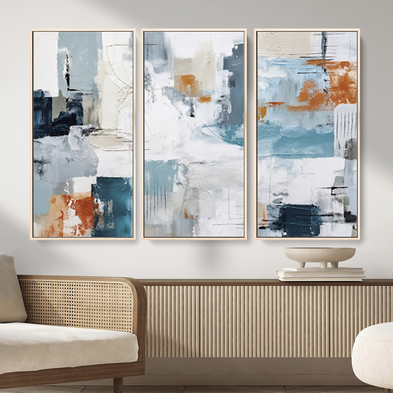 98638479-MGV-CV-36X24 - Blue Teal Abstract Canvas Wall Art, Modern Textured Painting Print, Navy Orange White Contemporary Art, Neutral Living Room Decor, Office Art