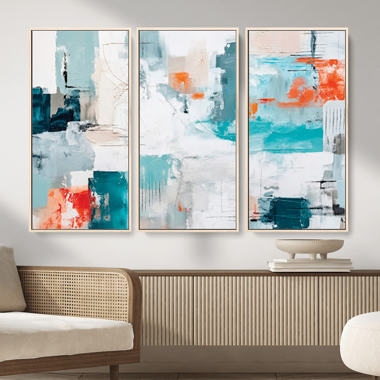 98638479-MGV-CV-36X24 - Blue Teal Abstract Canvas Wall Art | Modern Textured Painting Print, Navy Orange White Contemporary Art, Neutral Living Room Decor, Office Art