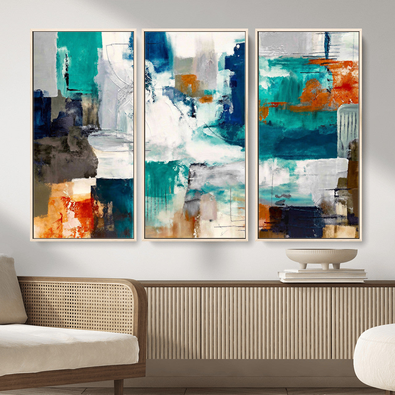 44038089-MGV-CV-36X24 - Blue Teal Abstract Canvas Wall Art, Modern Textured Painting Print, Navy Orange White Contemporary Art, Neutral Living Room Decor, Office Art