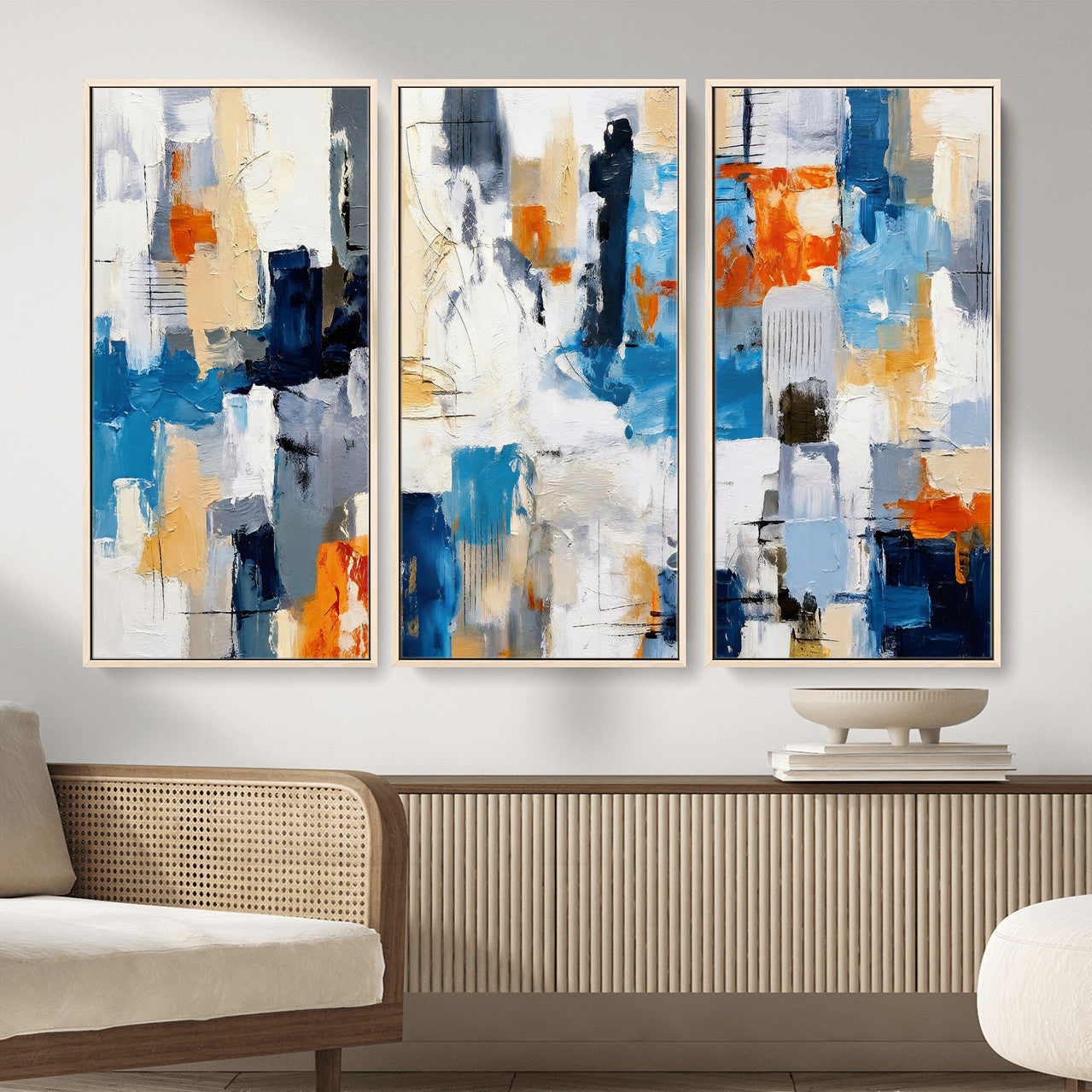 83915061-MGV-CV-36X24 - Blue Teal Abstract Canvas Wall Art, Modern Textured Painting Print, Navy Orange White Contemporary Art, Neutral Living Room Decor, Office Art