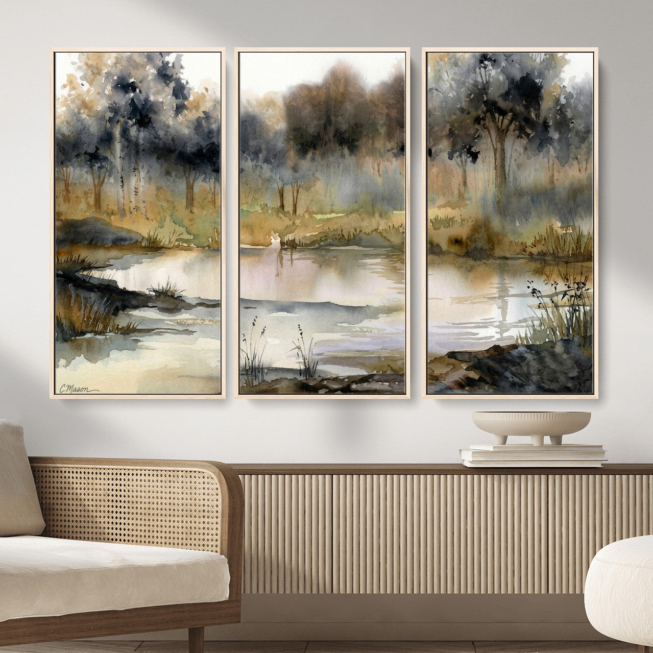27383609-MGV-CV-36X24 - Abstract Watercolor Autumn Lake Canvas Wall Art Print - Misty Forest Landscape, Rustic Nature Painting, Cabin Wall Decor - Ready to Hang
