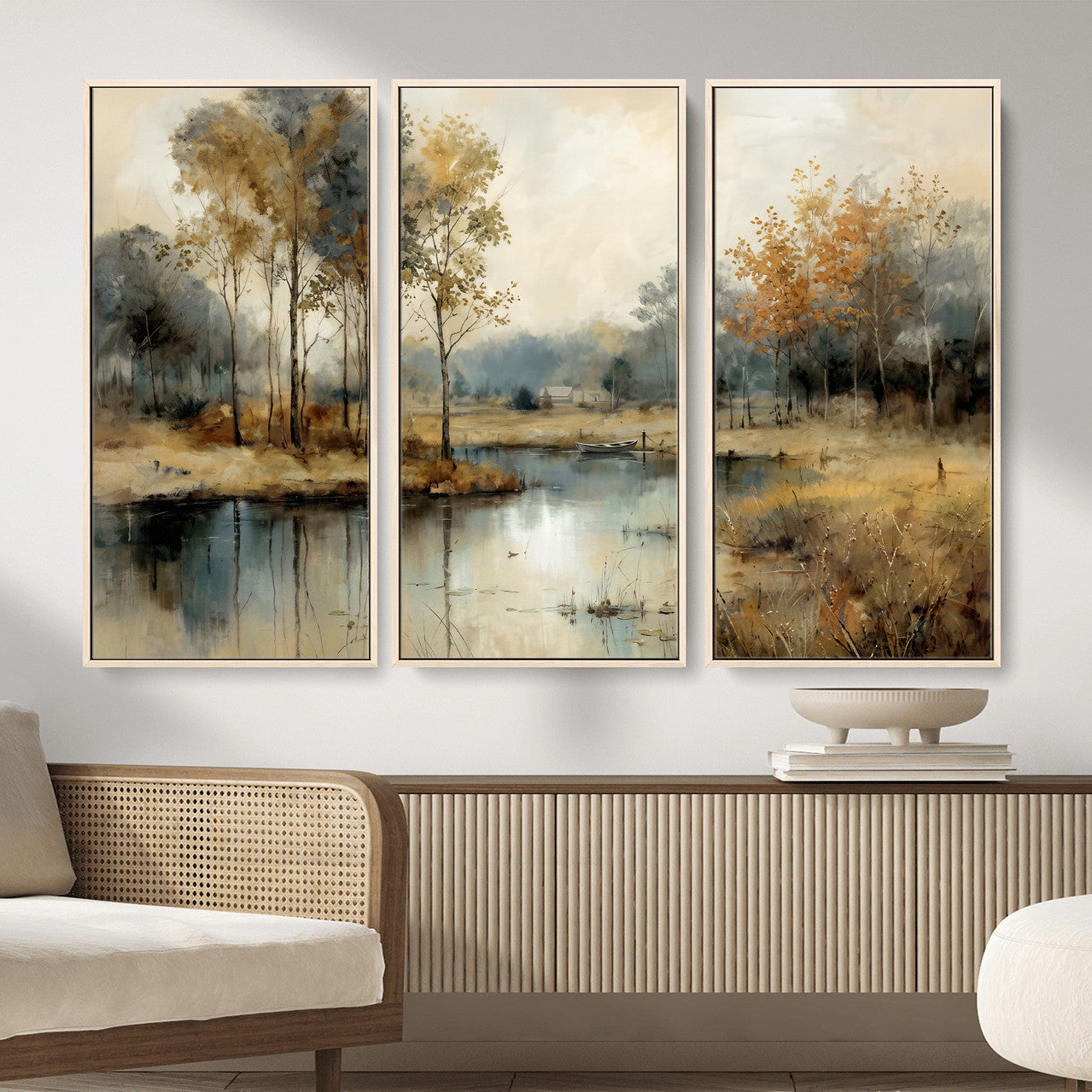 74391095-MGV-CV-36X24 - Abstract WatercolorAutumn Lake Canvas Wall Art Print, Misty Forest Landscape, Rustic Nature Painting, Cabin Wall Decor, Ready to Hang