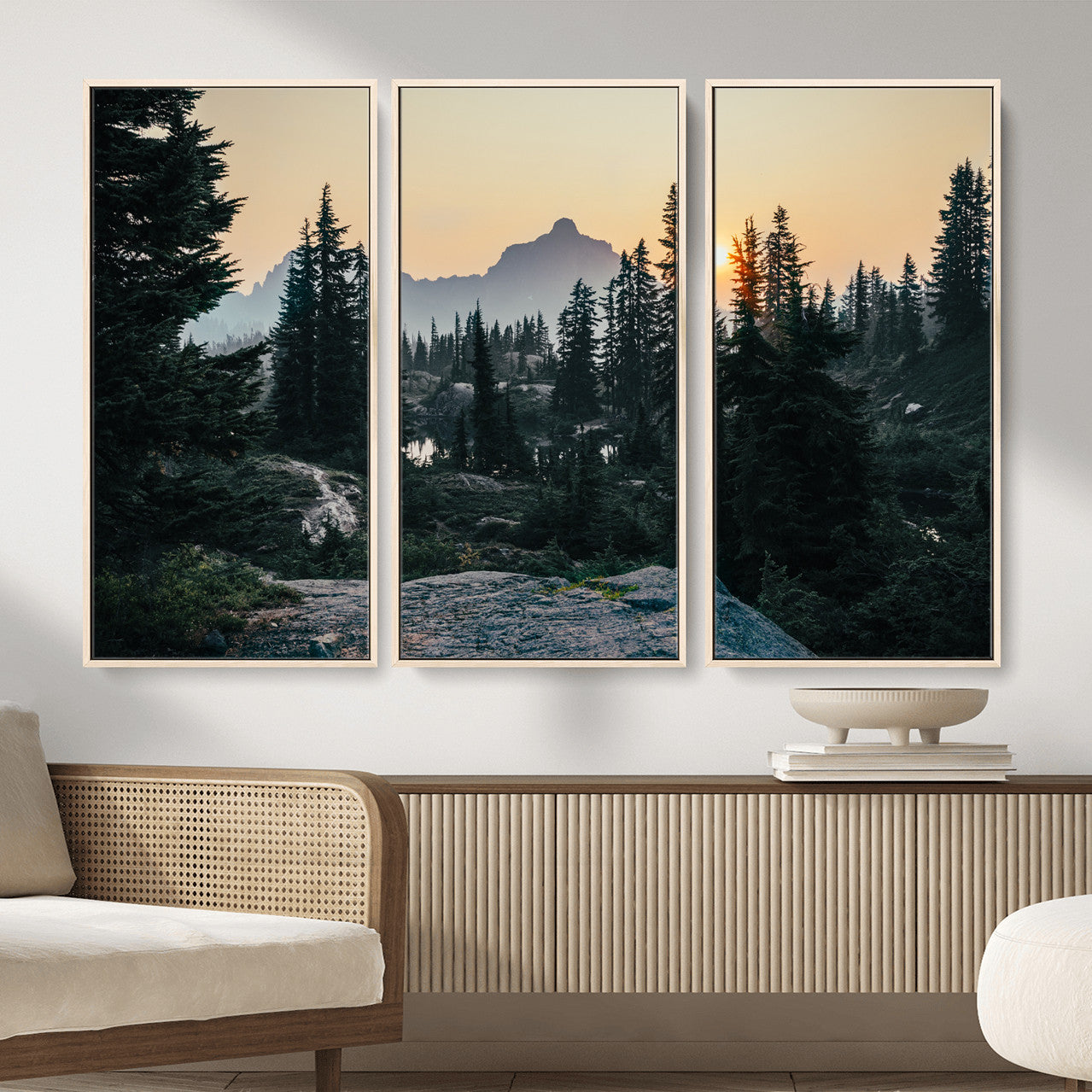 89996020-MGV-CV-36X24 - Mountain Forest Canvas Wall Art Print, Pine Tree Landscape, Sunset Nature Photography, Wilderness Wall Decor, Ready to Hang
