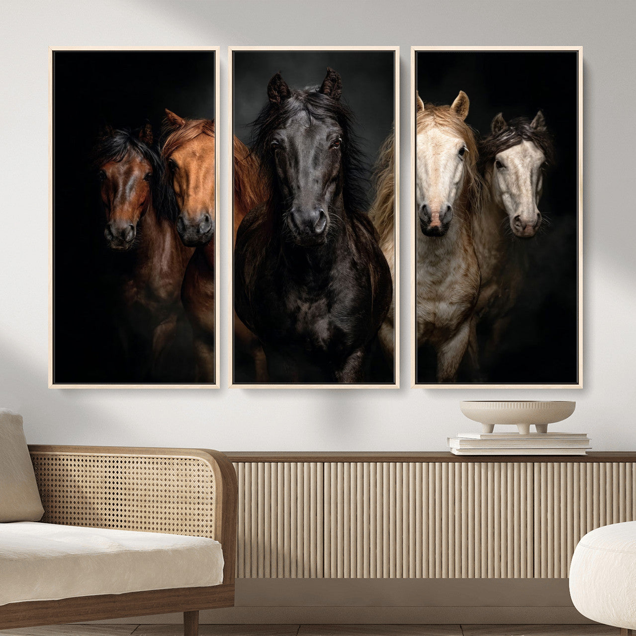 77696206-MGV-CV-36X24 - Horse Wall Art Canvas Print, Wild Horses Portrait Photography, Animal Horse Decor, Black Brown White Horse Herd, Rustic Ranch Art