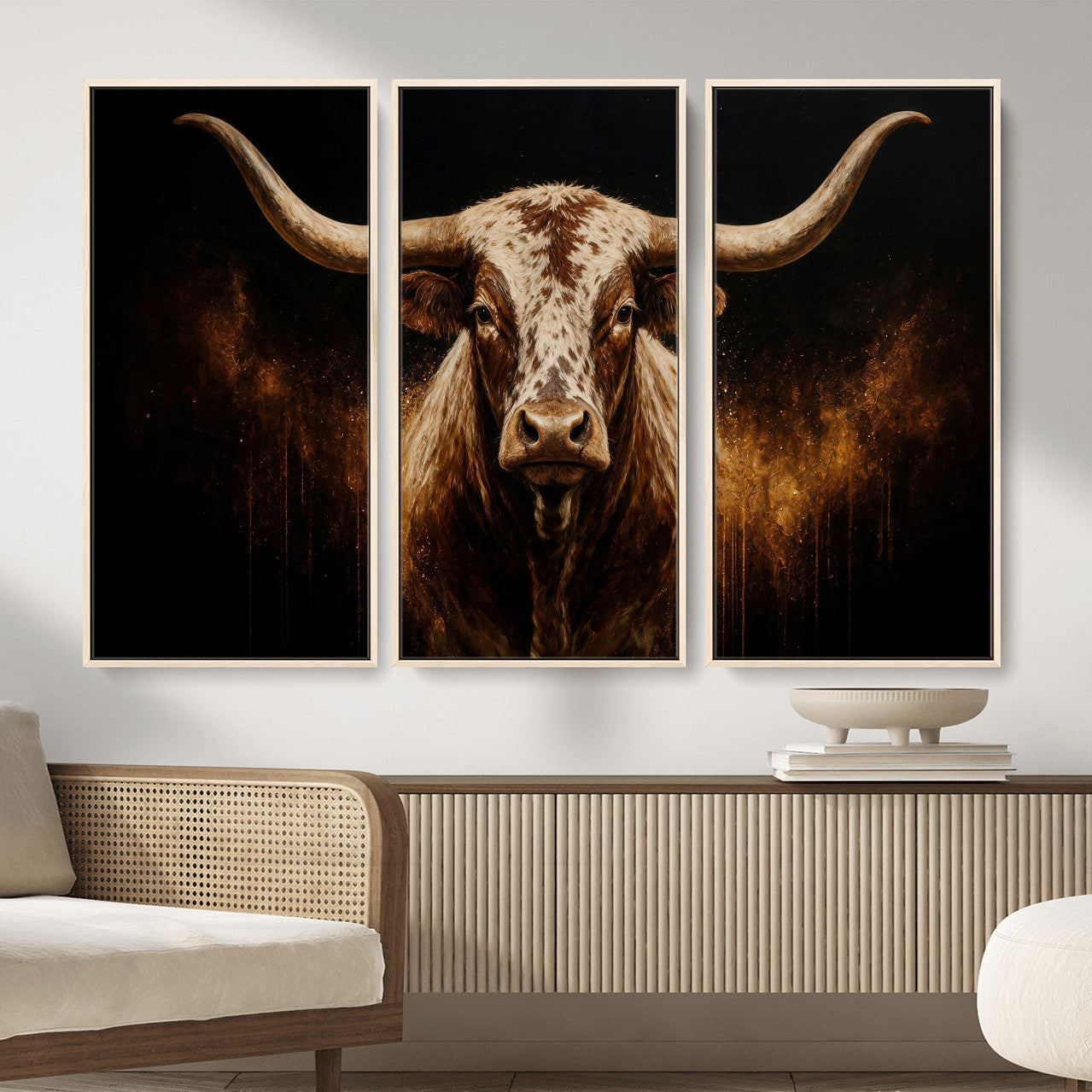 62076449-MGV-CV-48X32-3P - Texas Bull Cow Longhorn Canvas Wall Art Moody Western Bull Oil Painting Print