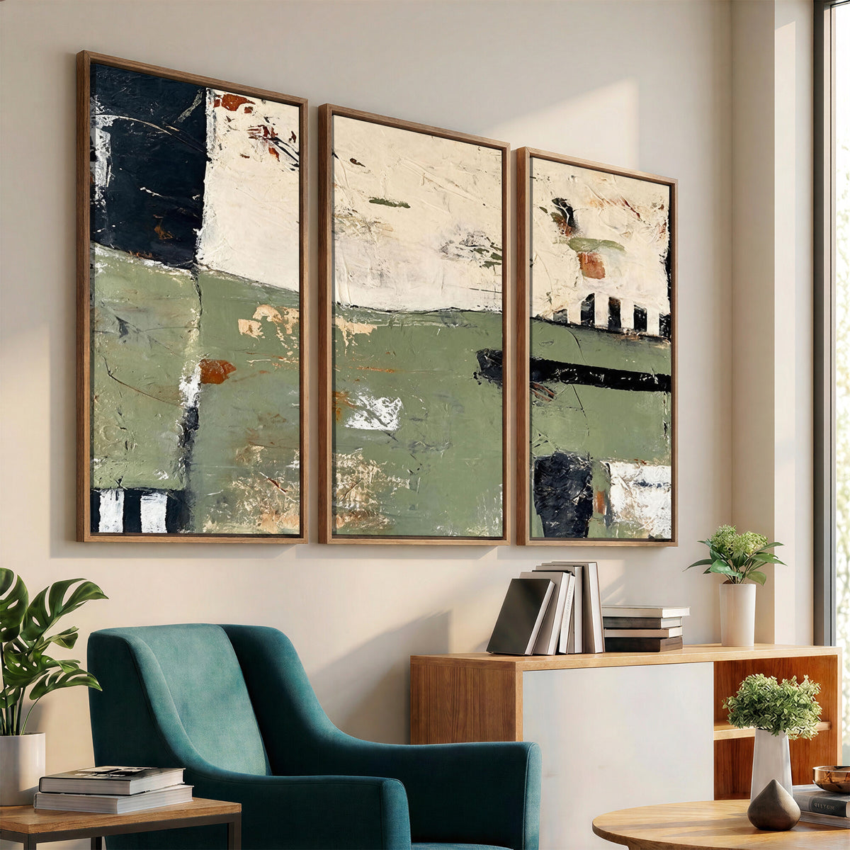 77942087-MGV-CV-36X24 - Sage Green Abstract Geometric Landscape Wall Art Canvas Print, Modern Minimalist Decor