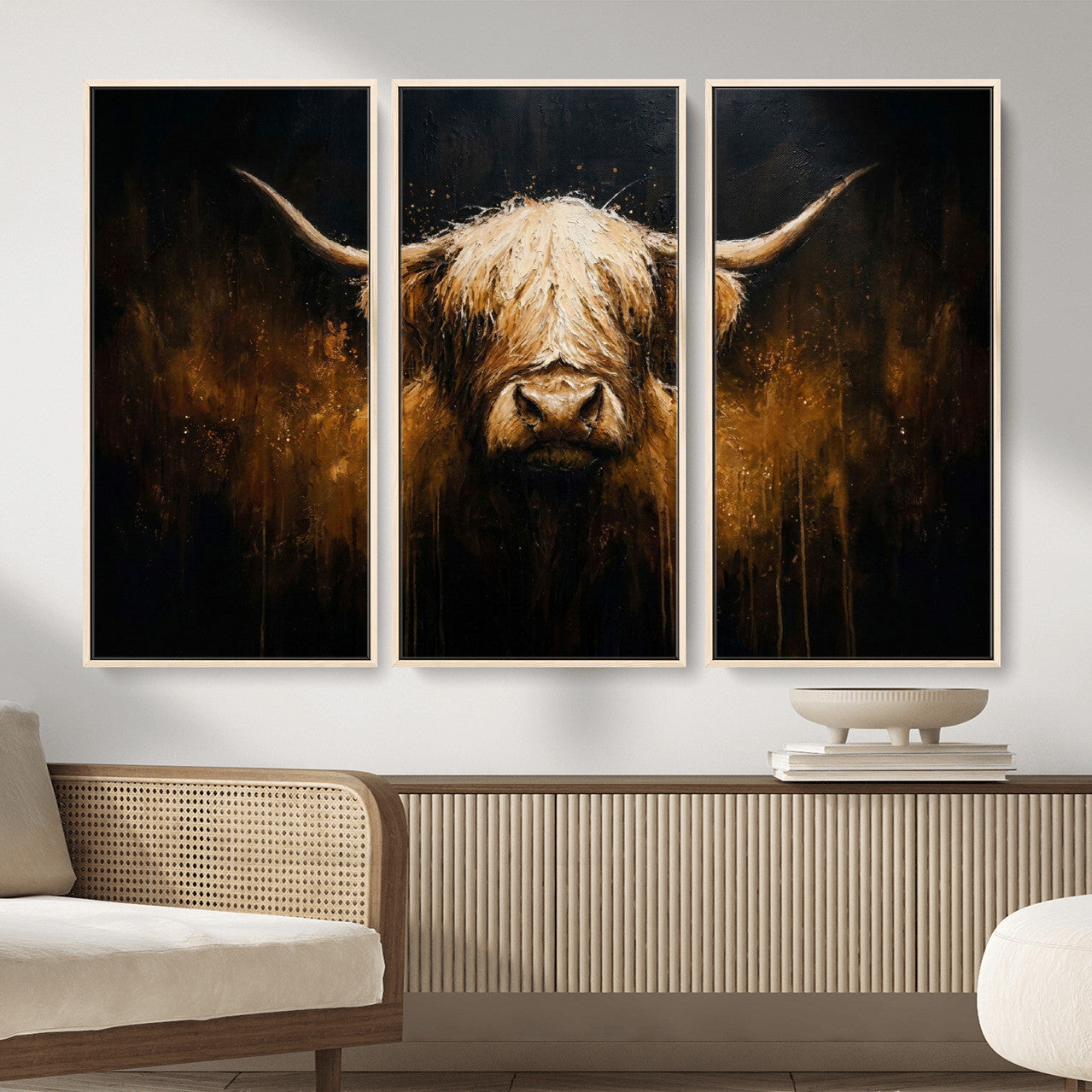 79873059-MGV-CV-36X24 - Rustic Highland Cow Canvas Print Dark Farmhouse Cattle Wall Decor
