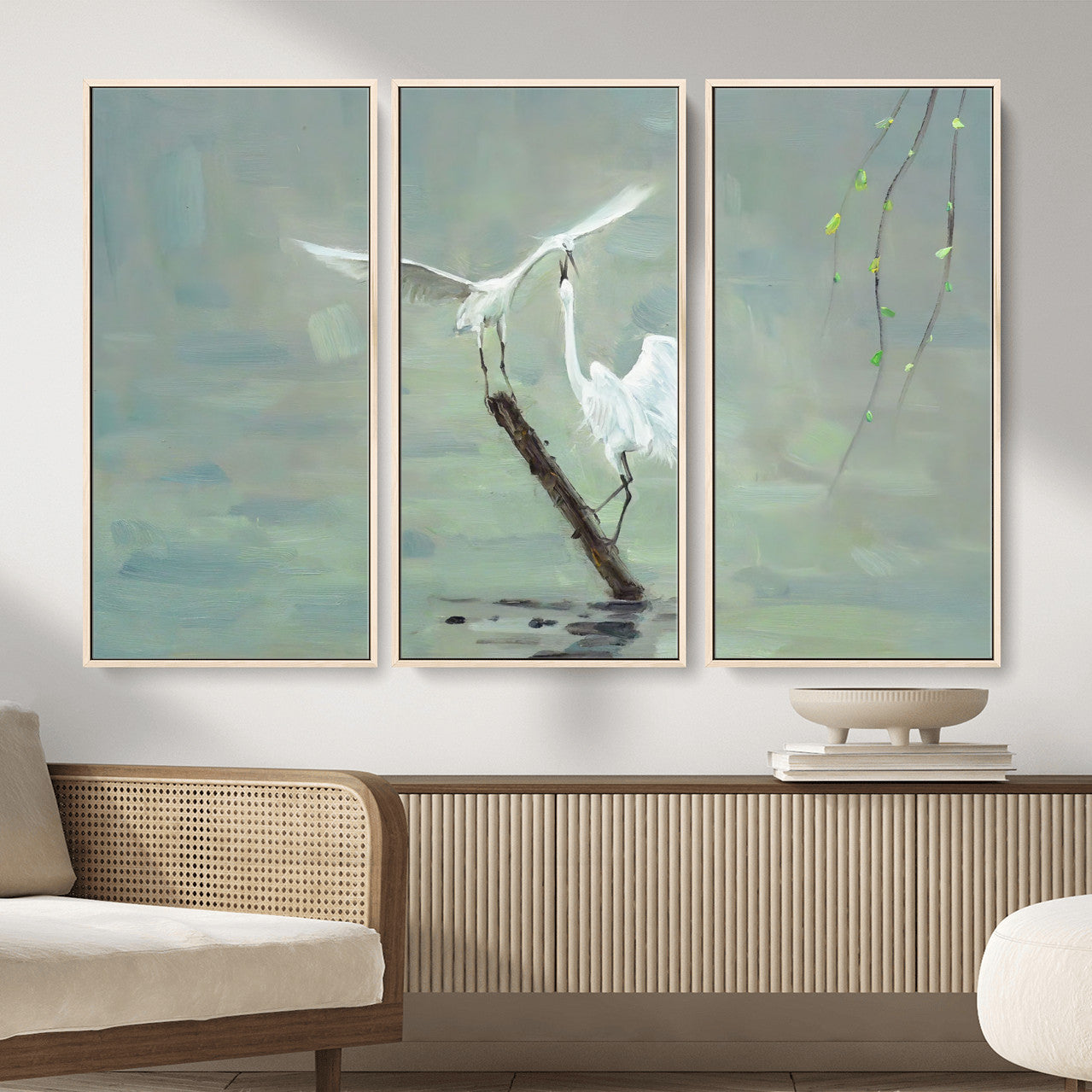 91124838-MGV-CV-36X24 - Two White Egrets on Marsh Branch Wall Art Canvas Print - Vintage Style Coastal Bird Poster
