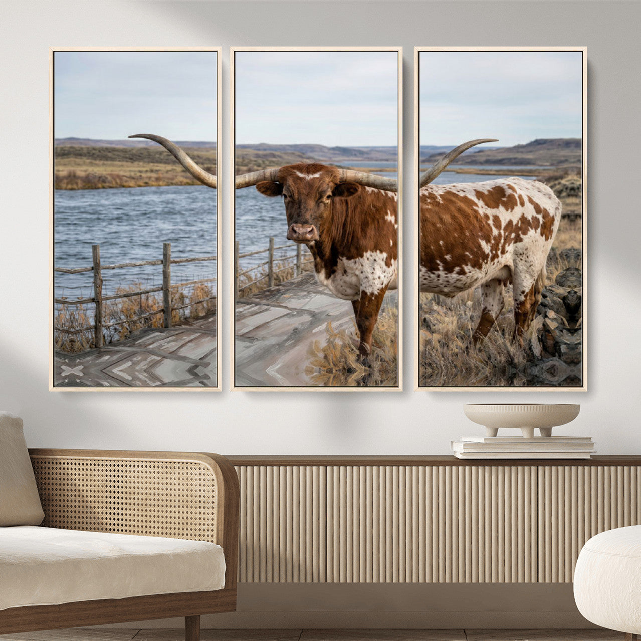 91575949-MGV-CV-36X24 - Texas Longhorn Cattle in Desert Pasture Wall Art Canvas Print - Rustic Western Decor