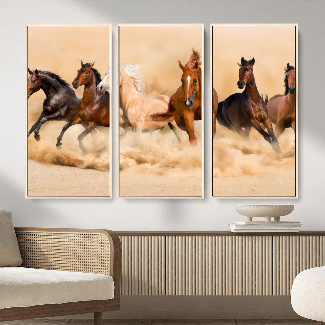 90610949-MGV-CV-36X24 - Herd of Six Wild Horses Galloping in Dust Storm Wall Art Canvas Print - Majestic Wildlife Decor