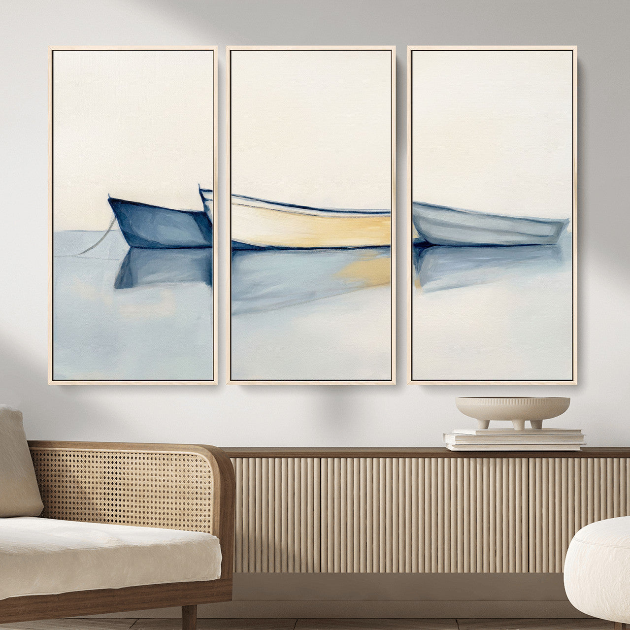 84017361-MGV-CV-36X24 - Abstract Three Boats Reflecting on Water Wall Art Canvas Print - Minimalist Coastal Seascape