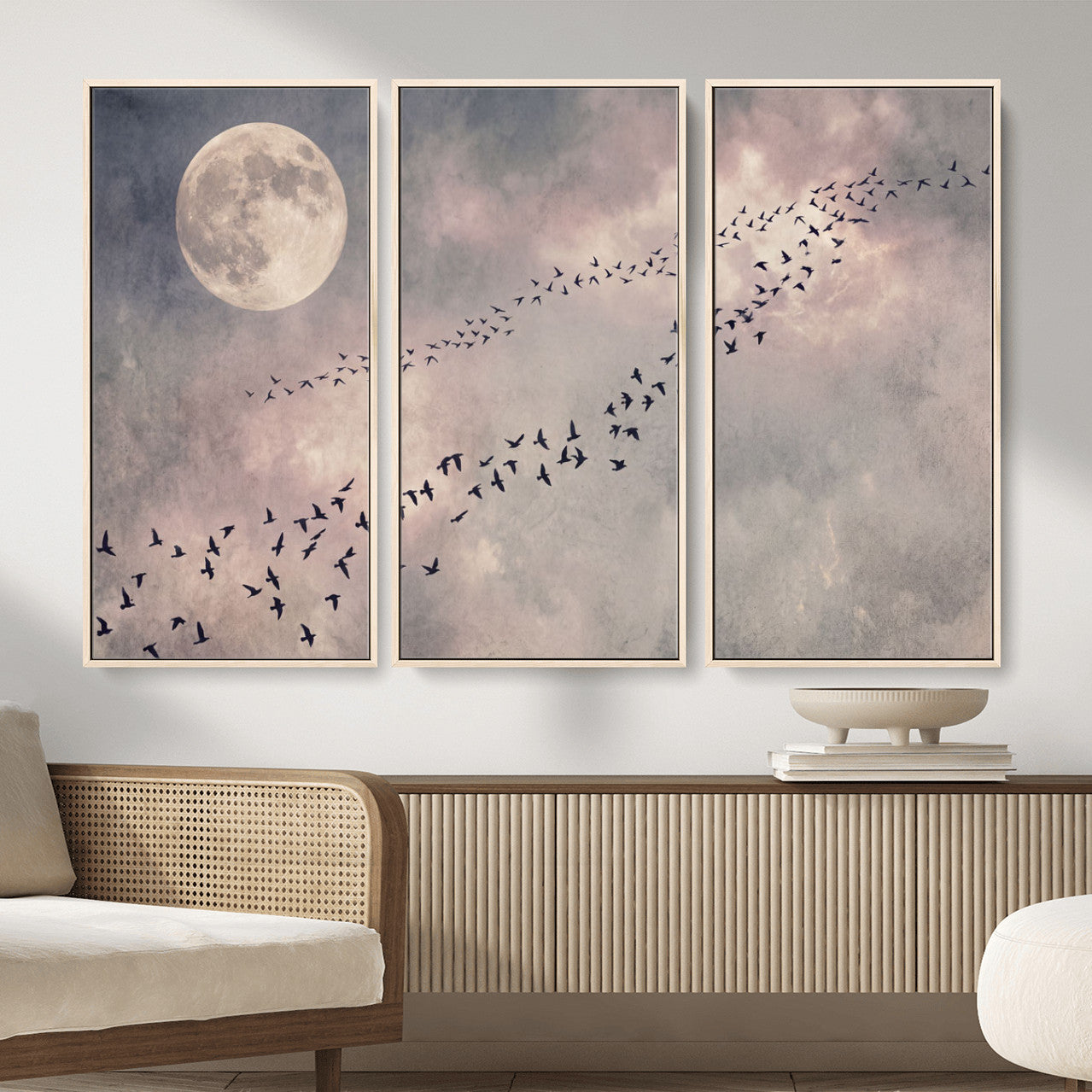 52339590-MGV-CV-36X24 - Birds Flying to Moon Wall Art Canvas Print - Vintage Surreal Night Sky Sky Print