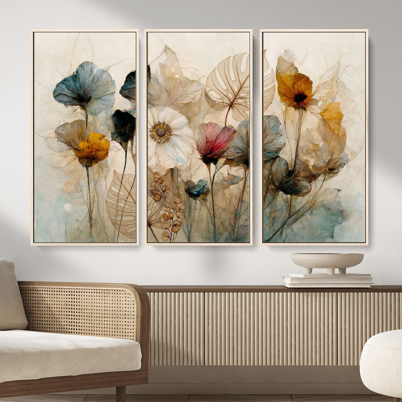 93171612-MGV-CV-36X24 - Vintage Dried Floral Meadow Wall Art Canvas Print, Translucent Watercolor Flowers Painting Print