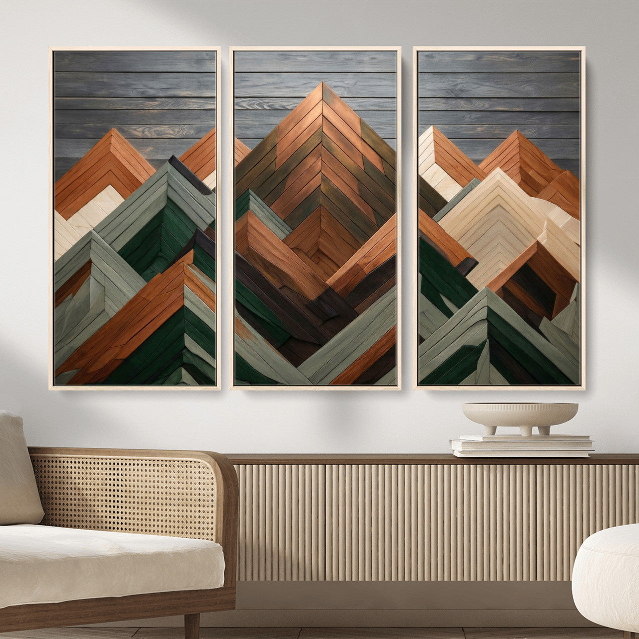 84617347-MGV-CV-36X24 - Geometric Wood Mountain Wall Art Canvas Print, 3D Look Rustic Mosaic Landscape Print