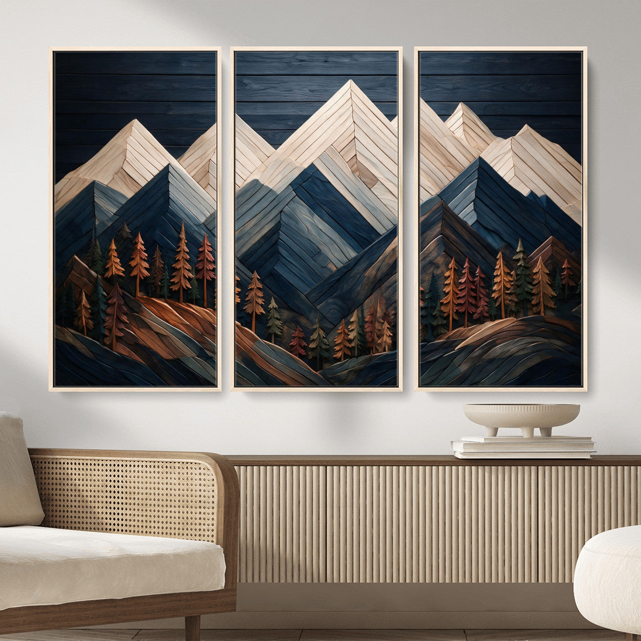 87765072-MGV-CV-36X24 - Geometric Wood Mountain Wall Art Canvas Print, 3D Look Rustic Mosaic Landscape Print