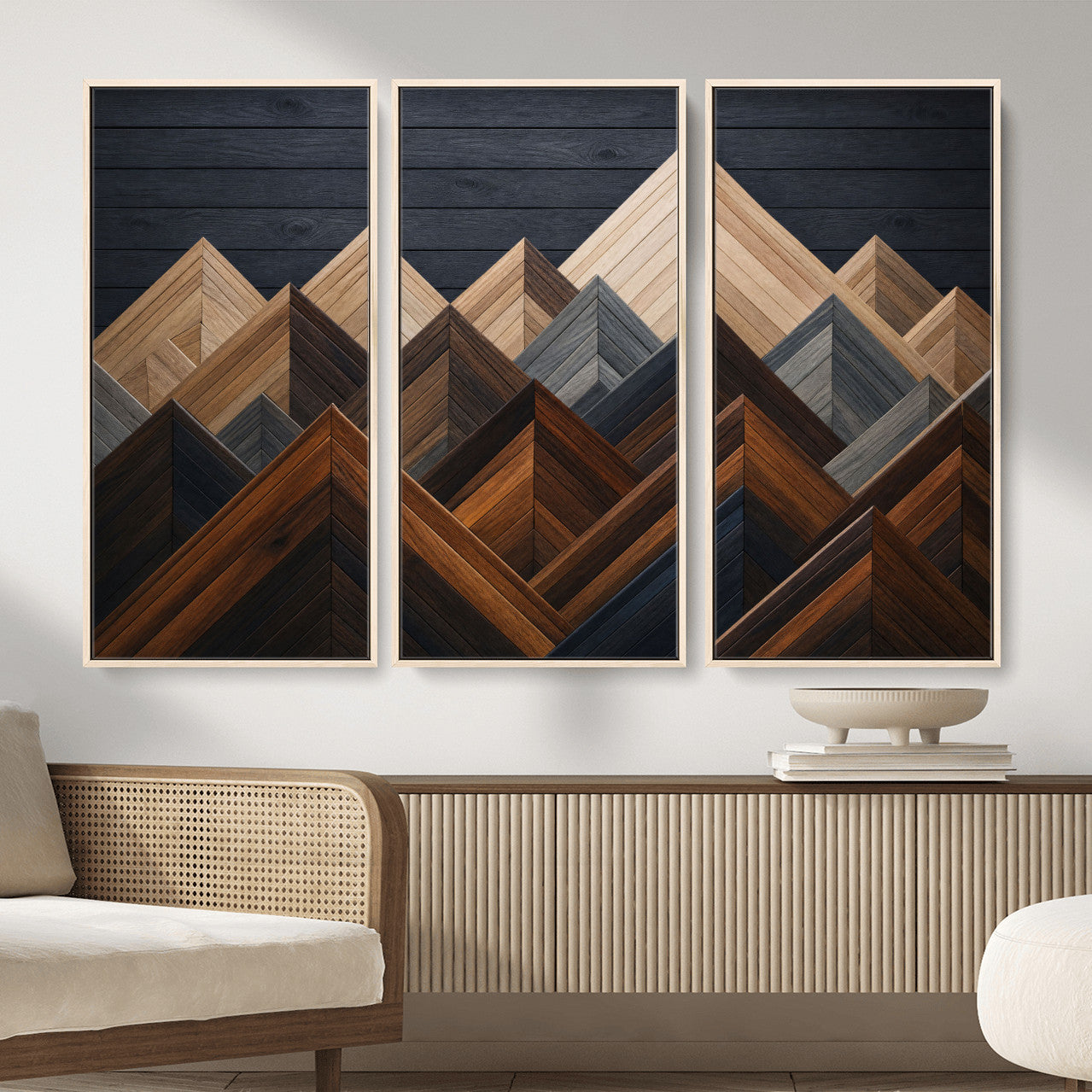 70531117-MGV-CV-36X24 - Geometric Wood Mountain Wall Art Canvas Print, 3D Look Rustic Mosaic Landscape Print