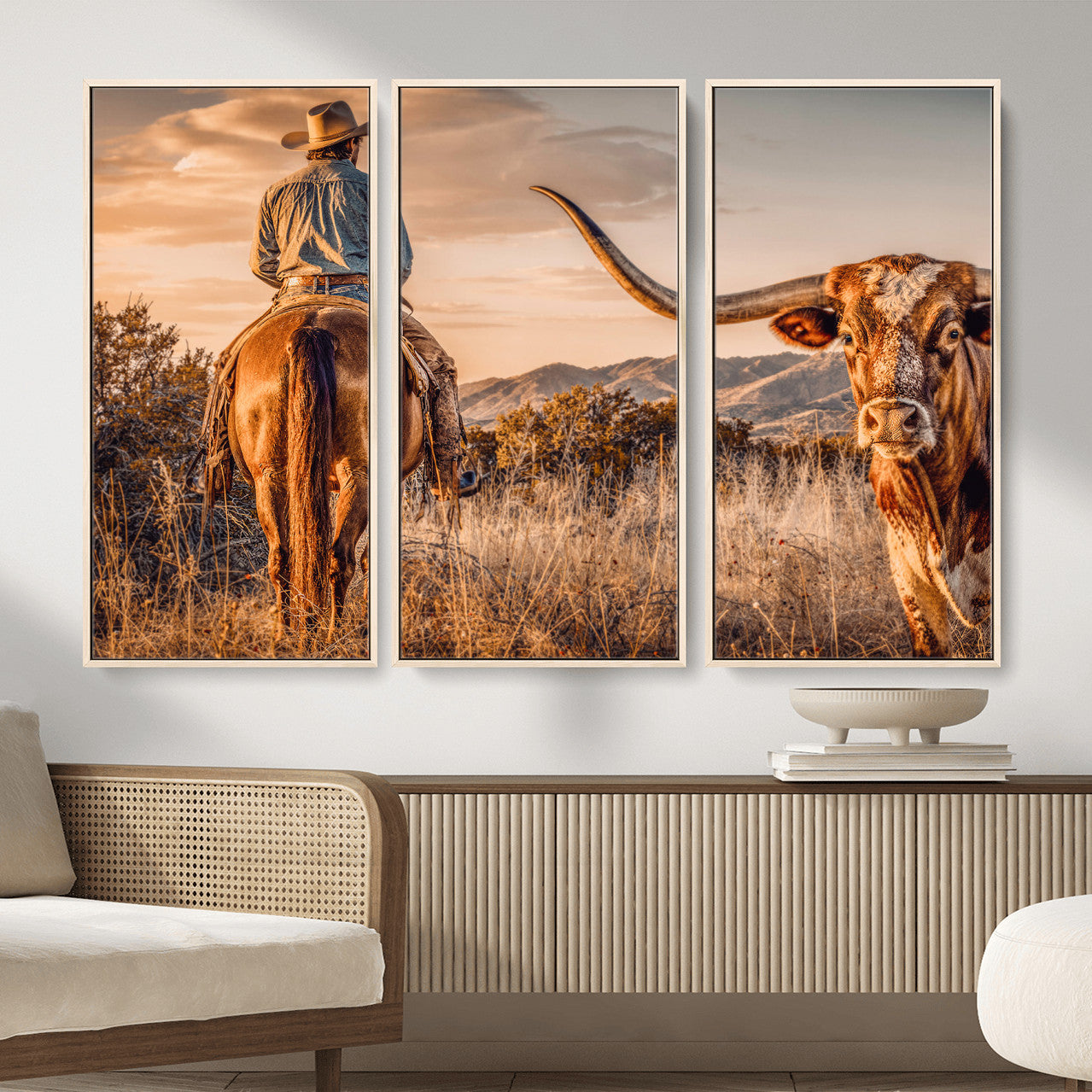 62076449C-MGV-CV-36X24 - Texas Cowboy and Longhorn Bull Print for Western Wall Art Decor for Farmhouse