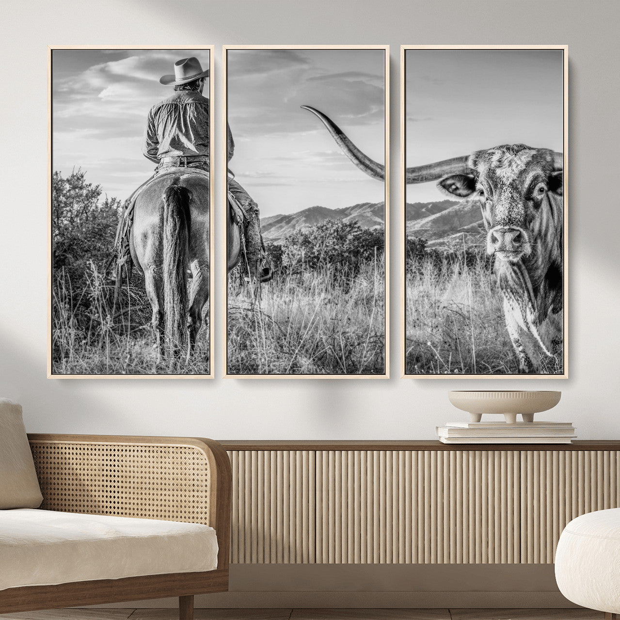 62076449WB-MGV-CV-36X24 - Texas Cowboy and Longhorn Bull Print for Western Wall Art Decor for Farmhouse