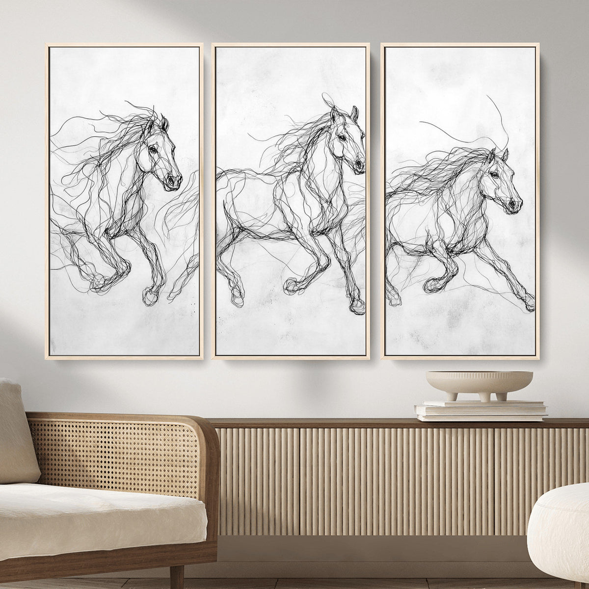 53600119-MGV-CV-36X24 - Monochrome Horse Canvas Wall Art, Black Ink Sketch Wild Horses Print, Minimalist Equestrian Artwork, Modern Abstract Line Decor, Urban Loft Gift