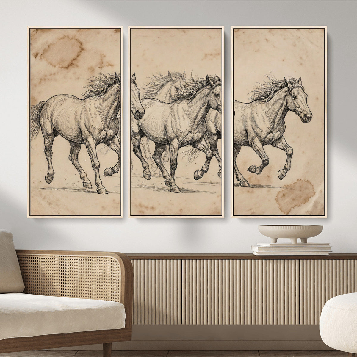 56046981-MGV-CV-36X24 - Sepia Wild Horses Canvas Art, Antique Pencil Drawing Print, Vintage Gallery Wall Decor, Rustic Equestrian Artwork, Traditional Den Gift