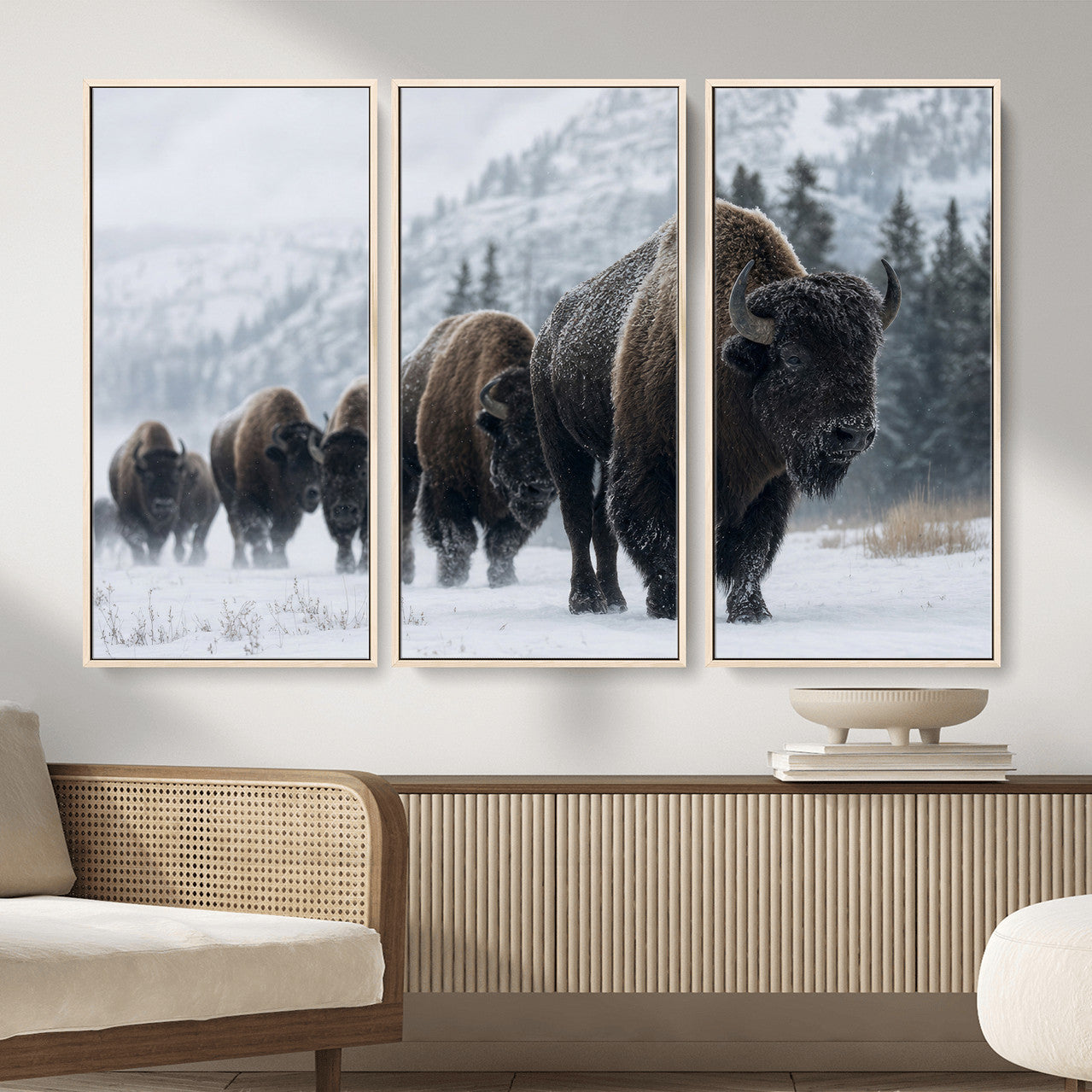 18343289-MGV-CV-36X24 - Rustic Bison Wall Art, American Buffalo Photo Print, Wildlife Canvas Artwork, Snowy Mountain Decor, Large Nature Poster, Cabin Gift Idea
