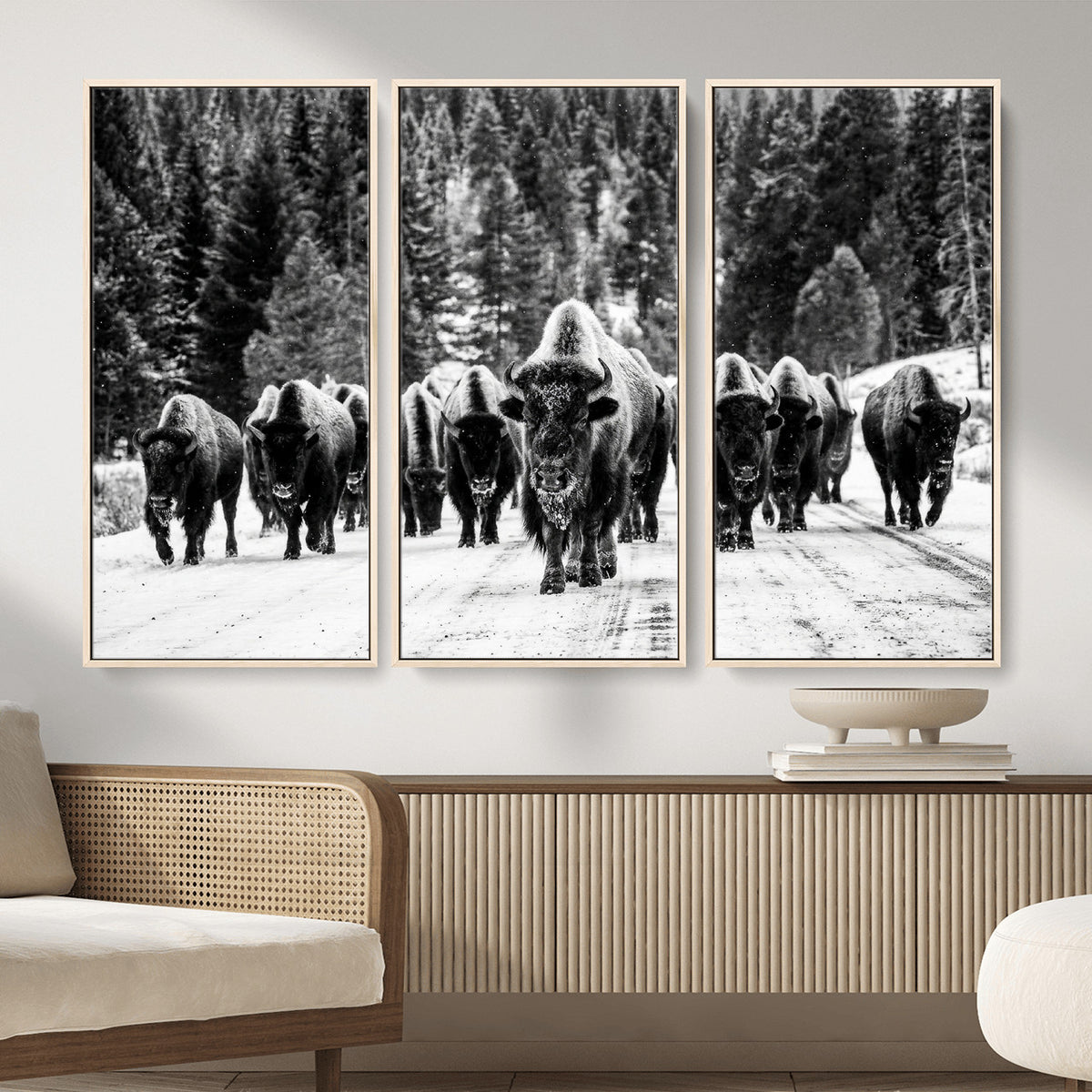 79337077-MGV-CV-36X24 - Black and White Bison Canvas Art, American Buffalo Print, Winter Wildlife Photography, Rustic Forest Wall Decor, Large Statement Nature Gift