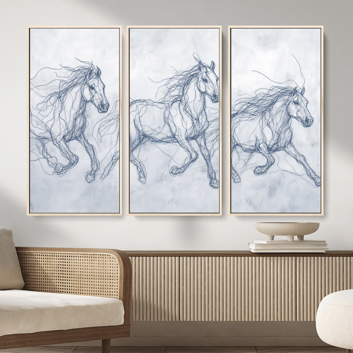 41163601-MGV-CV-36X24 - Indigo Blue Horse Line Art Canvas, Steel Grey Wild Horses Print, Abstract Navy Scribble Artwork, Modern Slate Equine Wall Decor, Coastal Ranch Gift