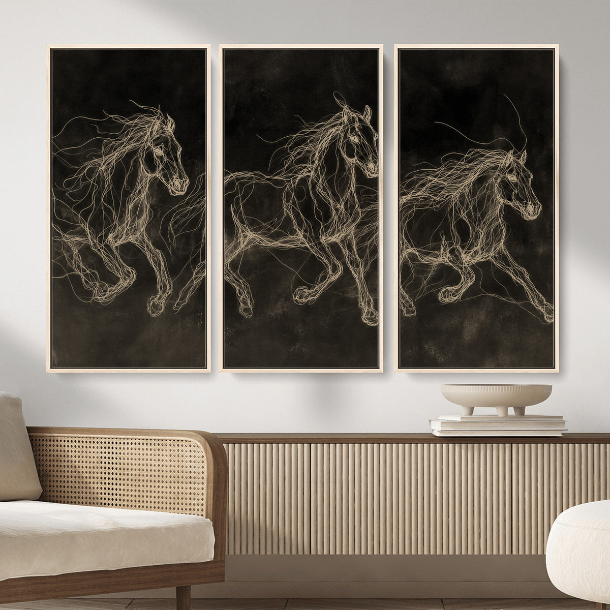 15344242-MGV-CV-36X24 - Dark Horse Line Art Canvas, Gold Scribble Wild Horses Print, Black Chalkboard Wall Art, Modern Luxury Equine Decor, Masculine Office Gift