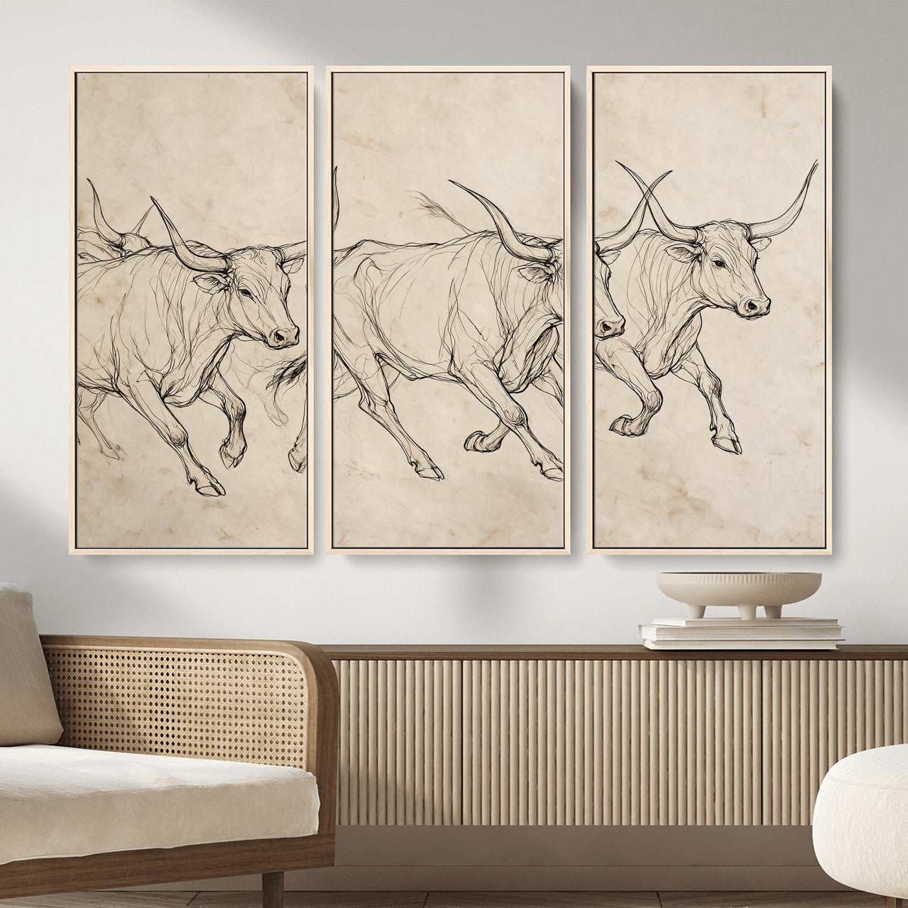 87177621-MGV-CV-36X24 - Minimalist Longhorn Line Art, Modern Texas Bull Canvas Print, Abstract Western Wall Decor, Continuous Line Artwork, Black White Ranch Gift
