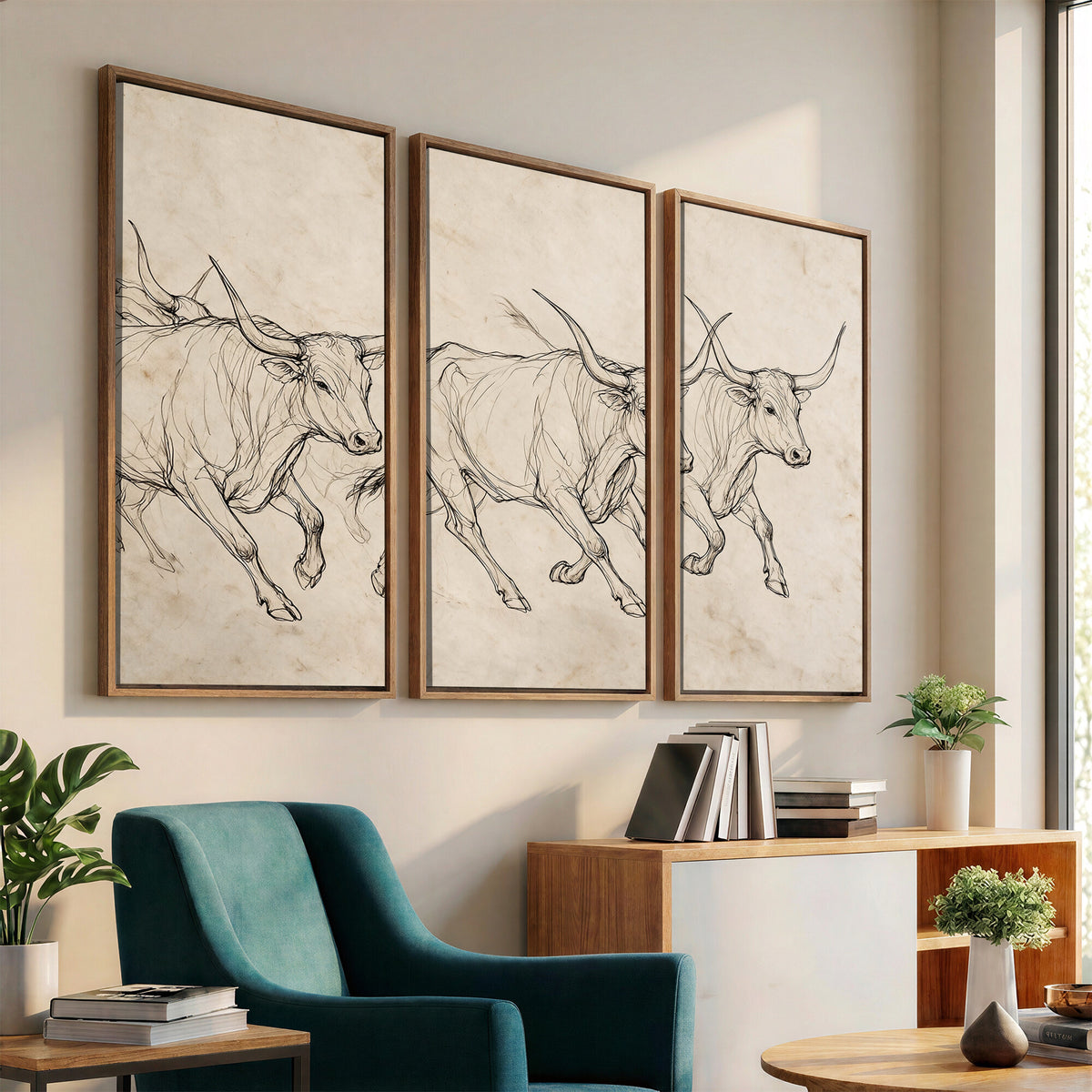 87177621-MGV-CV-36X24 - Minimalist Longhorn Line Art, Modern Texas Bull Canvas Print, Abstract Western Wall Decor