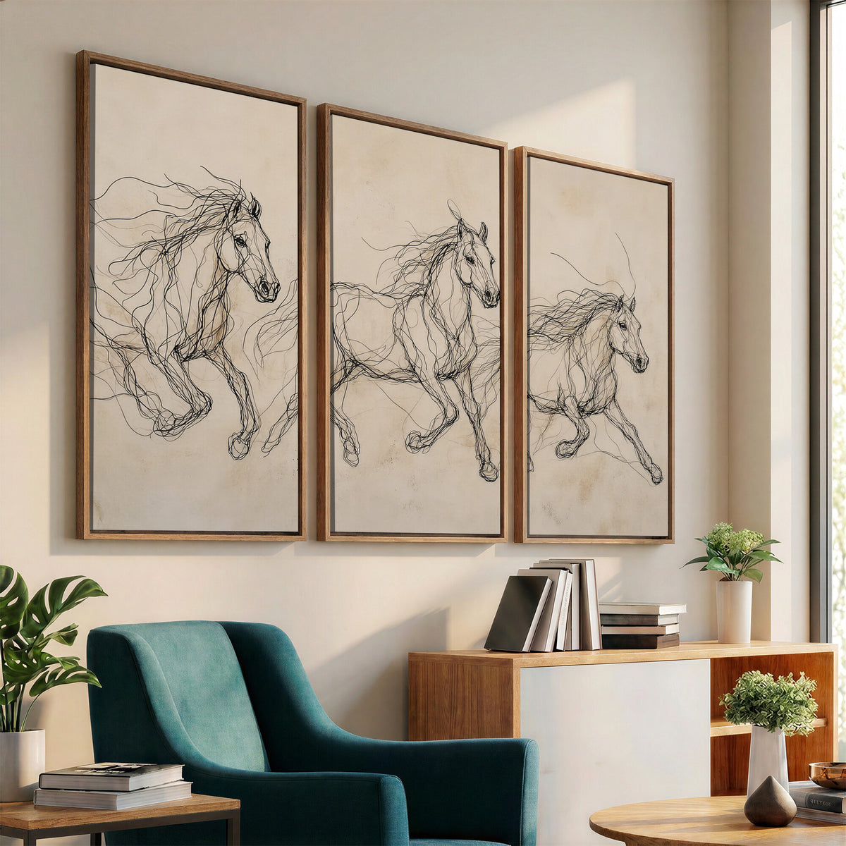 81051673-MGV-CV-36X24 - Abstract Horse Line Art Canvas, Gesture Sketch Wild Horses Print, Minimalist Equine Decor