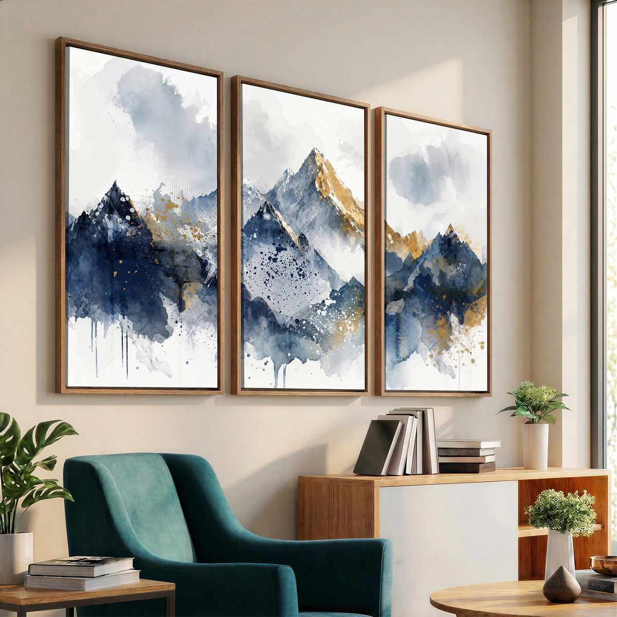 87460616-MGV-CV-36X24 - Abstract Mountain Canvas Wall Art, Blue Gold Foil Landscape Print, Modern Indigo Wall Decor