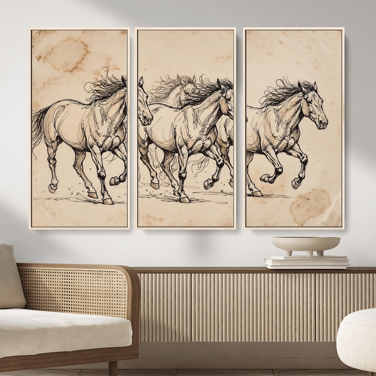 18242163-MGV-CV-36X24 - Vintage Horse Sketch Canvas Wall Art, Wild Horses Pencil Drawing Print, Antique Parchment Western Decor, Equine Sketching, Country Manor Gift