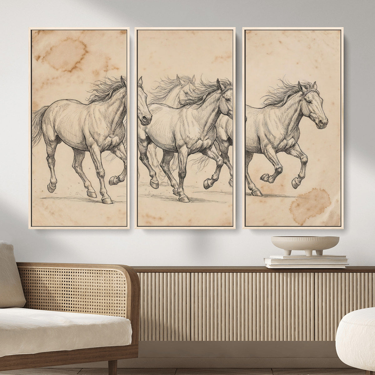 16644391-MGV-CV-36X24 - Vintage Horse Sketch Canvas Wall Art, Wild Horses Pencil Drawing Print, Antique Parchment Western Decor, Equine Sketching, Country Manor Gift