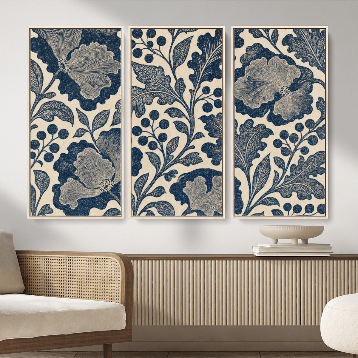 23824002-MGV-CV-36X24 - William Morris Style Navy Blue Floral Wall Art Canvas Print, Vintage Cream Botanical Painting Print