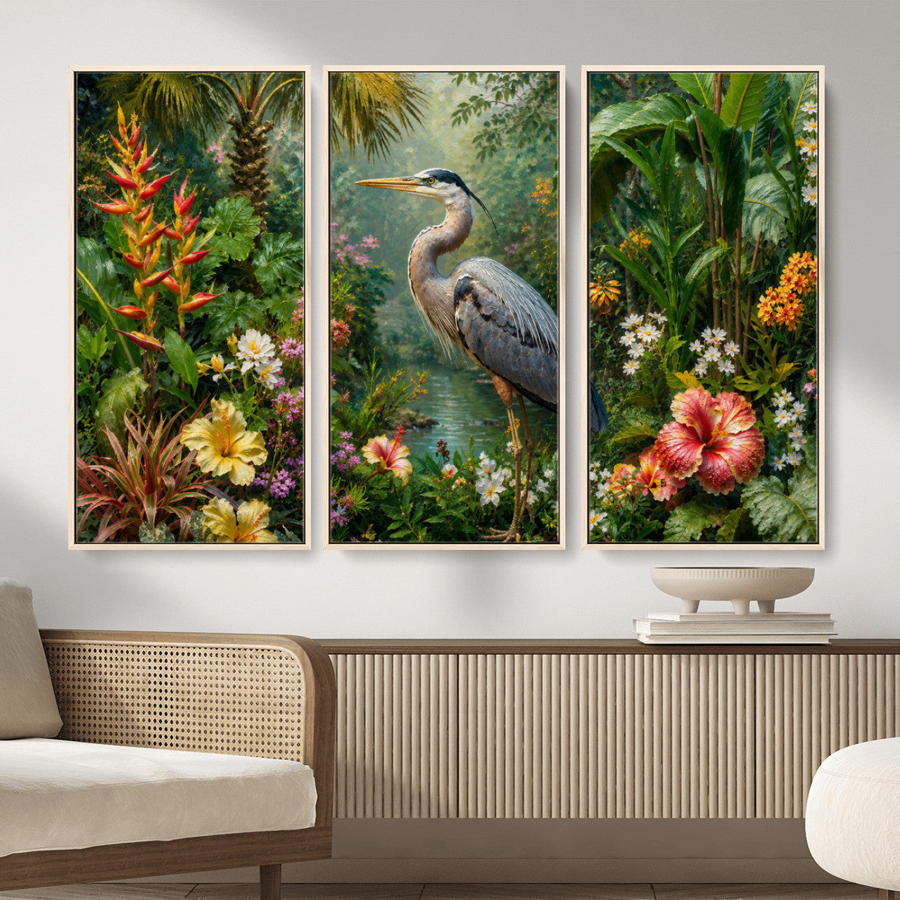 81059387-MGV-CV-36X24 - Great Blue Heron Tropical Jungle Wall Art Canvas Print, Exotic Botanical Garden Painting Print