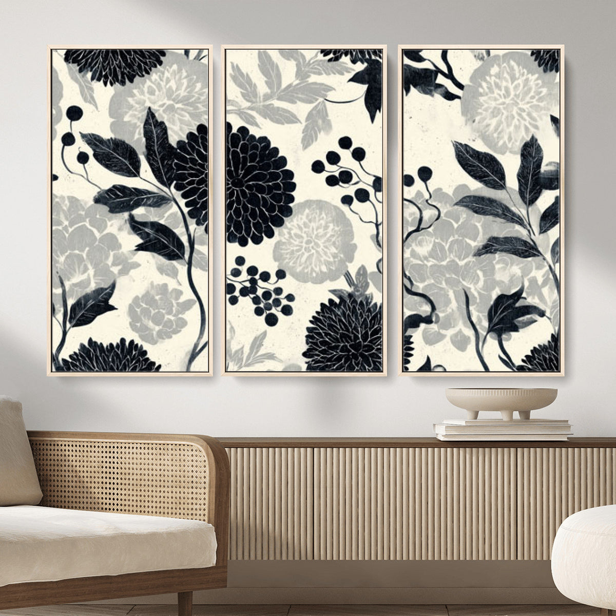 61524791-MGV-CV-36X24 - Vintage Black Chrysanthemum Wall Art Canvas Print, Monochrome Dhalia Floral Painting Print