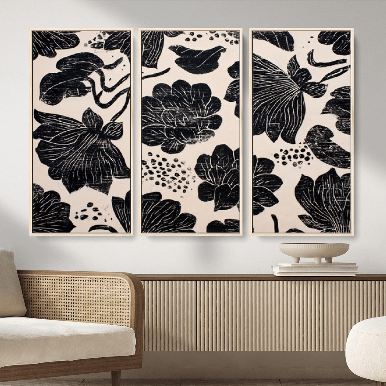 81787117-MGV-CV-36X24 - Linocut Black Lotus Floral Wall Art Canvas Print, Vintage Monochrome Botanical Painting Print