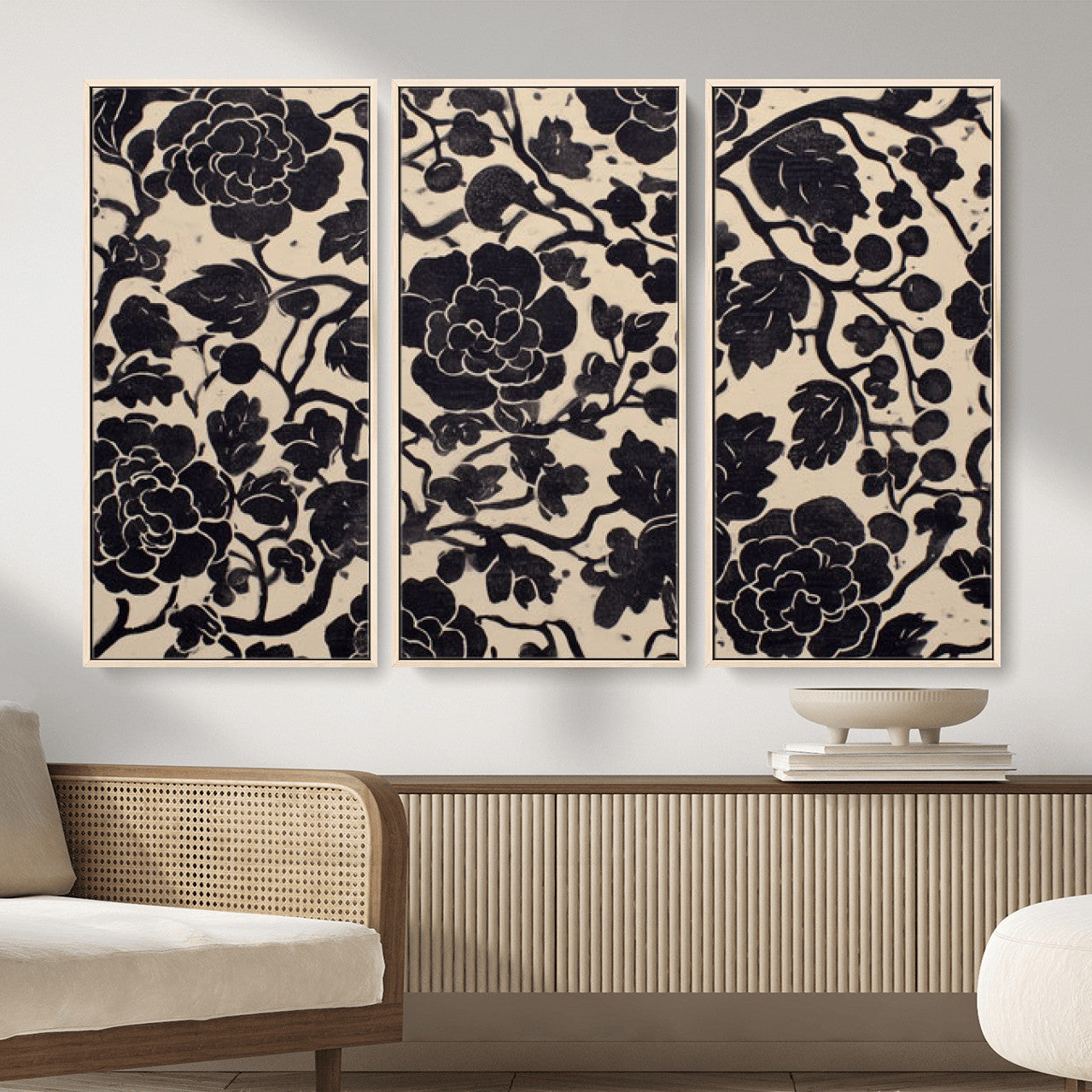 86696255-MGV-CV-36X24 - Vintage Black and Cream Floral Wall Art Canvas Print, Chinoiserie Botanical Painting Print