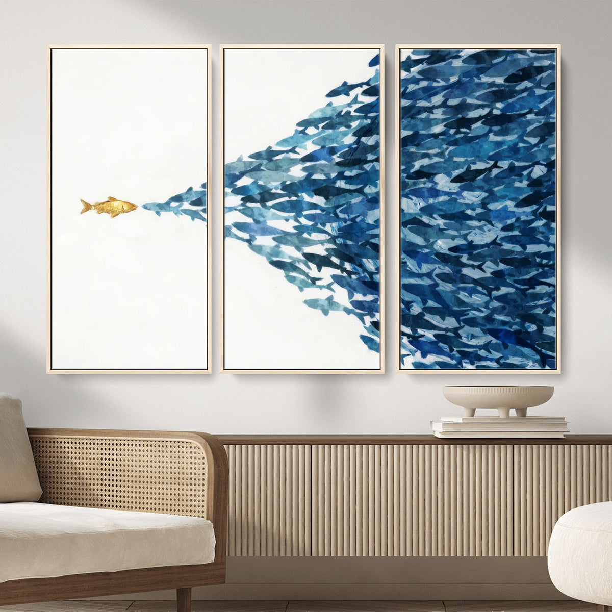 79089639-MGV-CV-36X24 - Abstract Blue Fish School Canvas Wall Art, Gold Foil Accent Marine Print