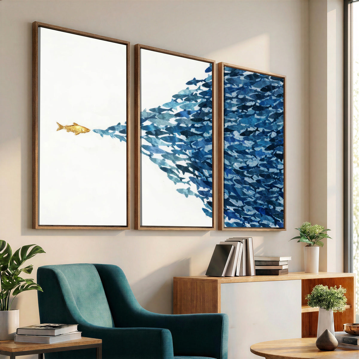 79089639-MGV-CV-36X24 - Abstract Blue Fish School Canvas Wall Art, Gold Foil Accent Marine Print