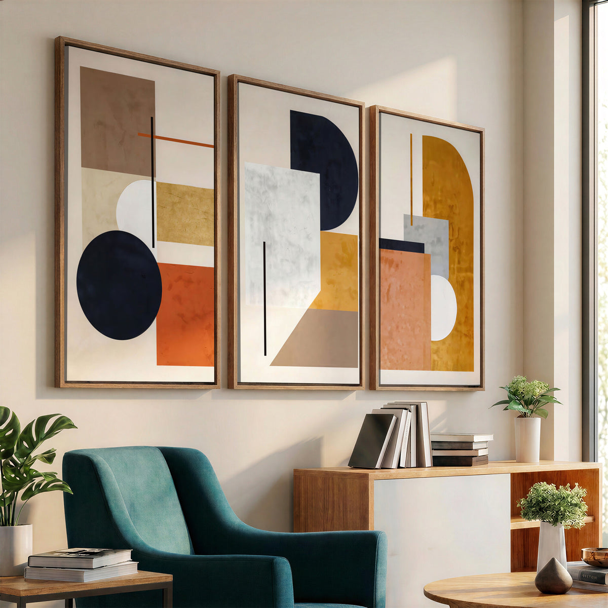 87361249-MGV-CV-48X32-3P - Mid Century Modern Geometric Canvas Wall Art, Abstract Triptych Print